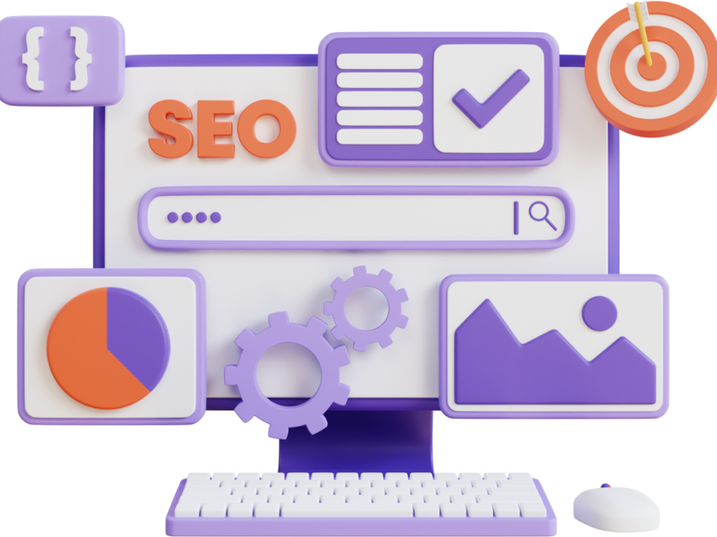 Purple desktop computer with SEO and other settings in cartoon form
