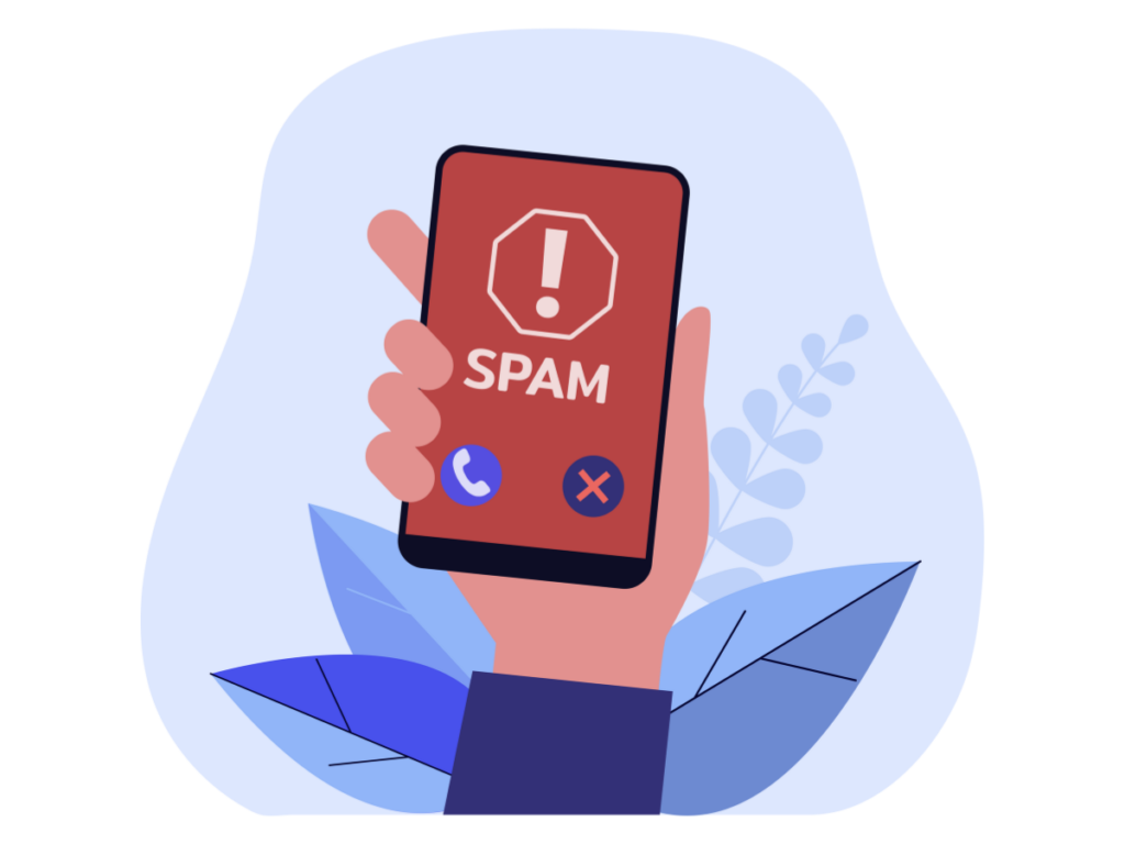 A cartoon graphic of a spam call on a smartphone. 