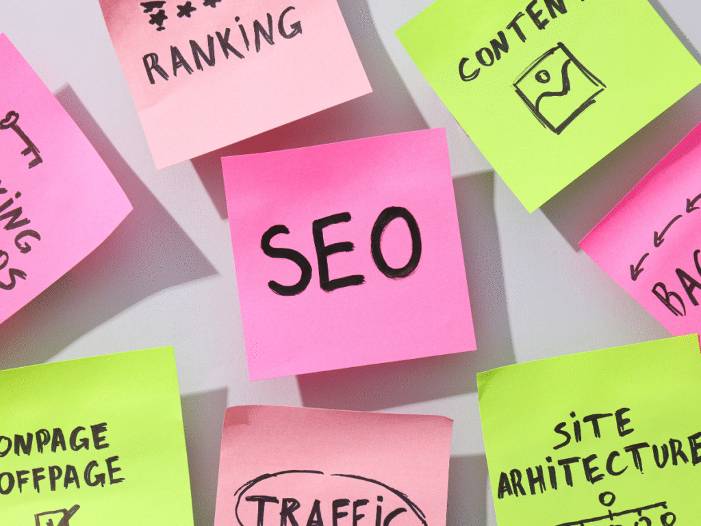 Close-up of colorful sticky notes labeled “SEO,” “ranking,” “content,” and “site architecture,” representing key law firm SEO strategies and digital marketing trends for attorneys in 2026.