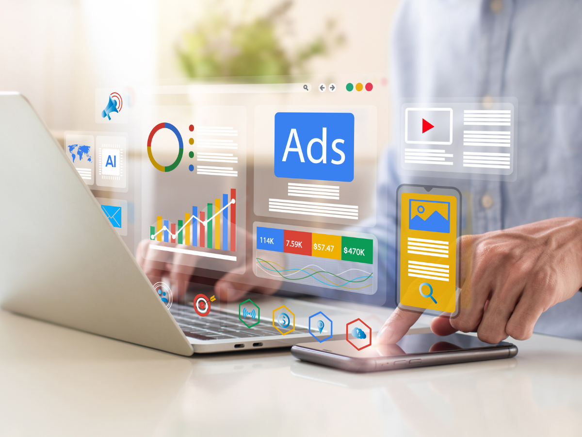A person using a laptop and smartphone with digital marketing analytics overlays, including ads, charts, and SEO metrics—representing search intent, conversion tracking, and law firm digital marketing strategy.