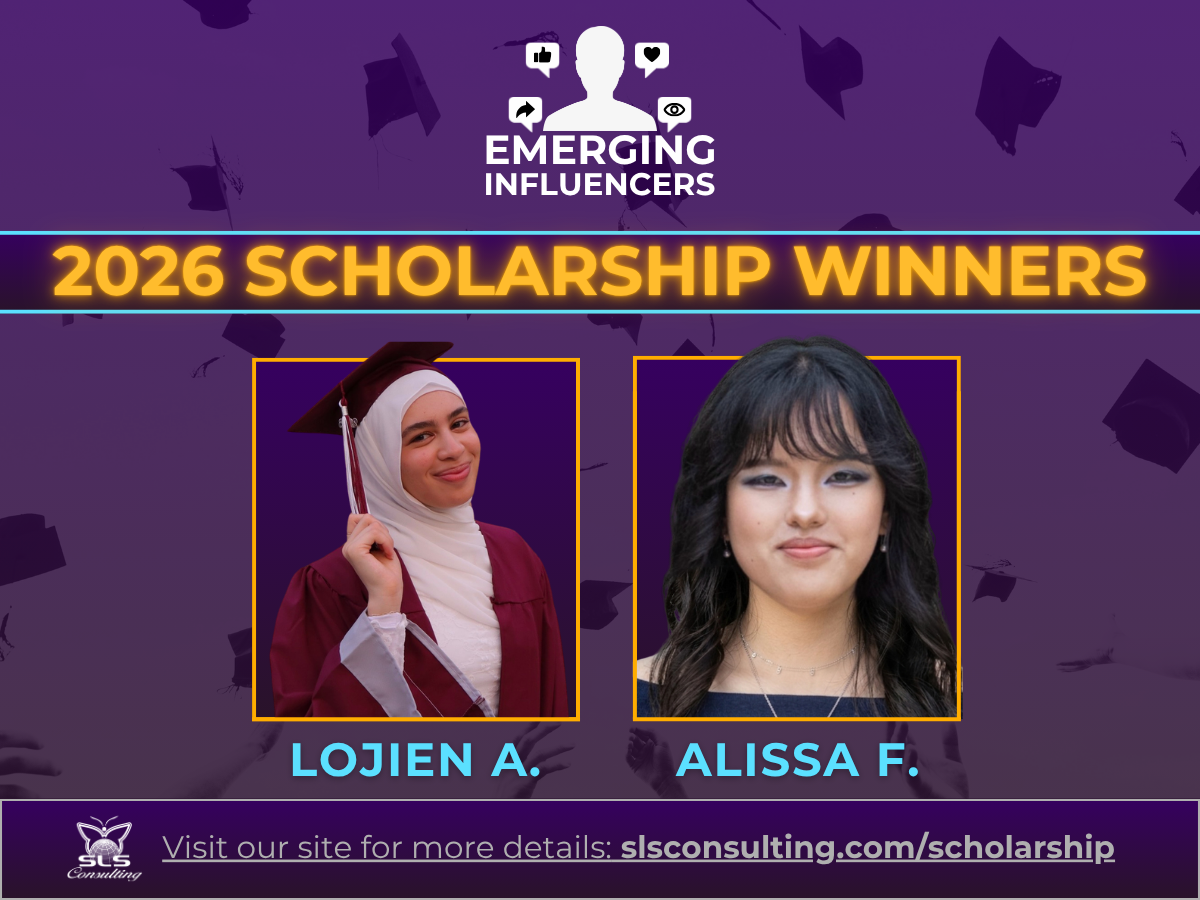 Graphic announcing the 2026 Emerging Influencers Scholarship Winners featuring recipient portraits of Lojien A. and Alissa F. on a purple graduation-themed background with the SLS Consulting scholarship website displayed at the bottom.