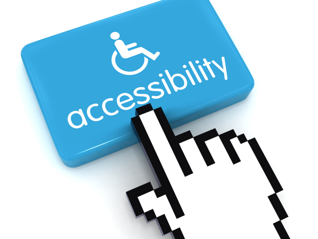 Blue accessibility button with a wheelchair symbol and a digital cursor, representing website accessibility, ADA compliance, and online accessibility standards for California businesses.