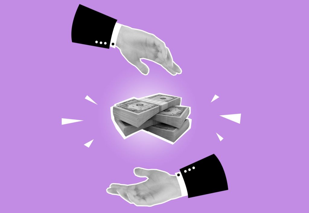 Purple background with two floating black and white hands with black and white stack of money in the center. 