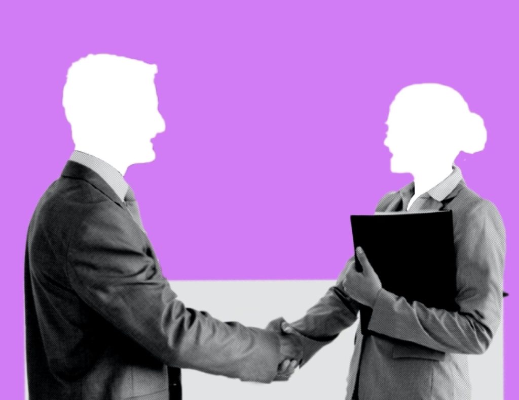 faceless outlines of business professionals shaking hands against a purple background.