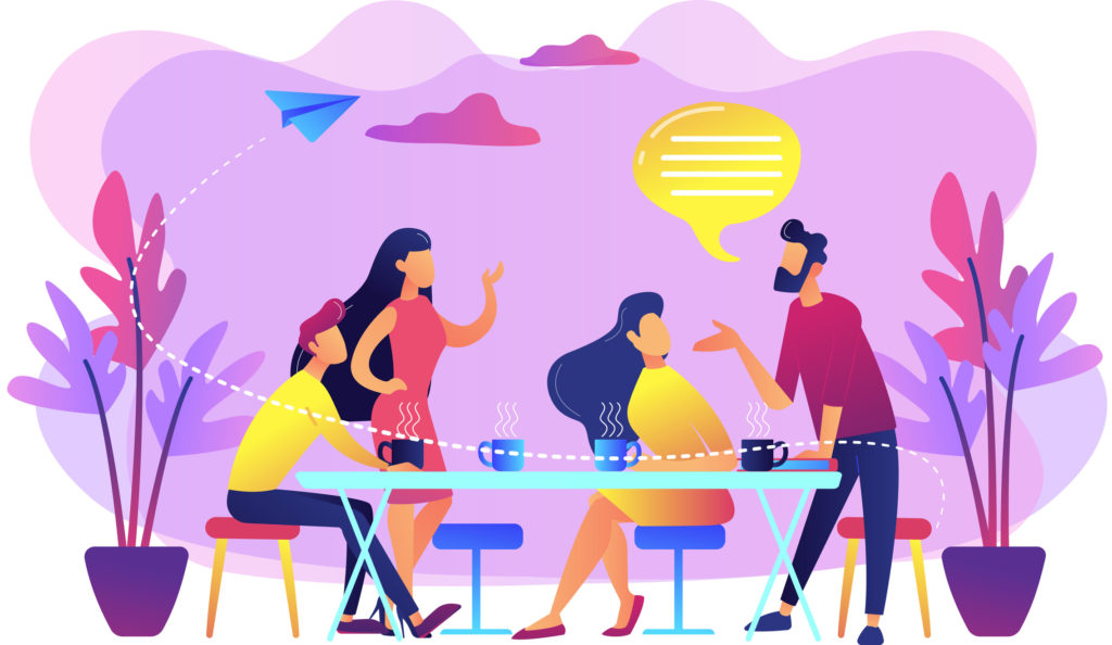 Group of friends sitting at the table talking, drinking coffee and tea, tiny people. Friends meeting, cheer up friend, friendship support concept. Bright vibrant violet vector isolated illustration