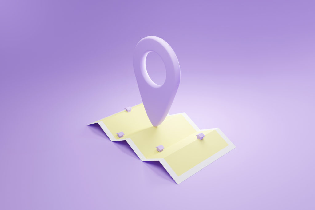 Location map pin 3d rendering illustration of GPS Navigator car sign on purple background minimalist with home icon. Pin marker, Navigation. Creative ideas minimal design concept.