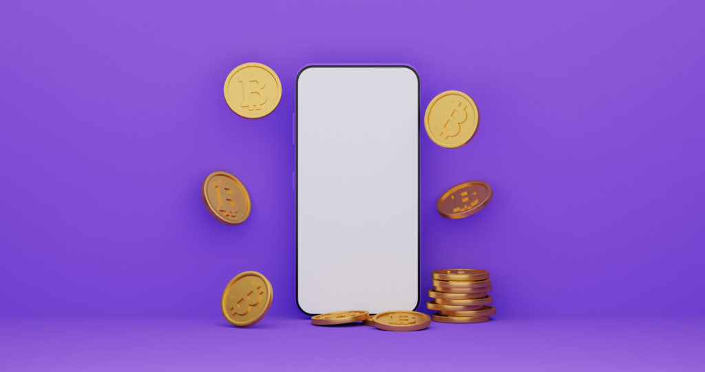 Purple backdrop of a phone with gold coins dancing around it.