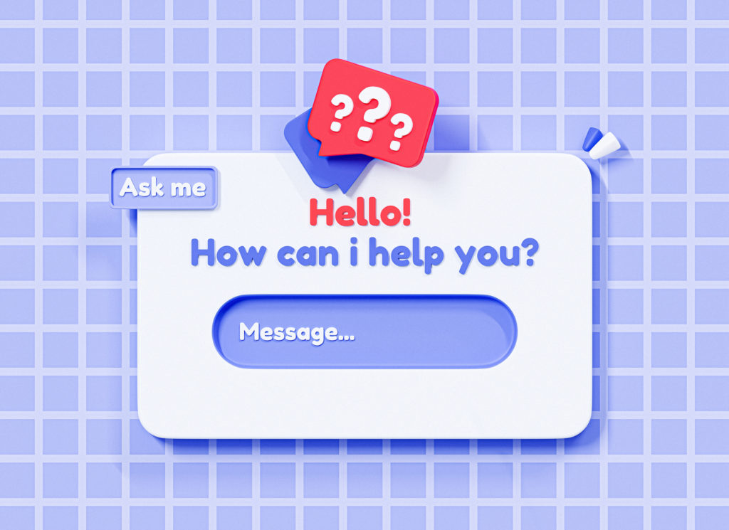 3D Ask me a question and online support chat box. Social network and media FAQ concept. Chatbot for asking help. Message frame. Cartoon creative banner illustration on purple background. 3D Rendering