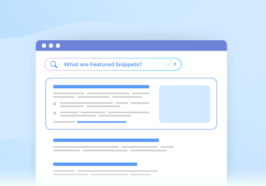 Featured Snippets and website SEO optimization concept illustration. Featured snippet are located before first organic results in search engine results pages.